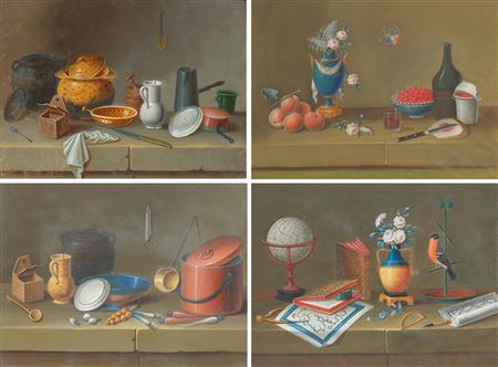 Series of four still lifes, including three kitchen still lifes and a still life with globe, books, maps etc.