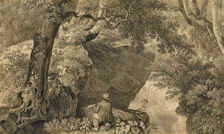 A wood with a waterfall and rocks, with a seated young woman and a man with a fish in the foreground