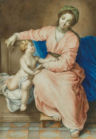The Madonna sitting on a stone bench with the infant Jesus