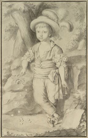 Standing boy with rose, pointing to a caterpillar on a stone. 1784.