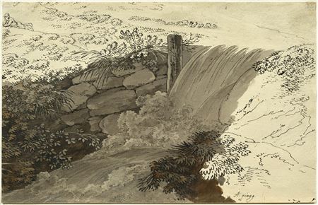 Waterfall at the weir of a stream in a meadow.