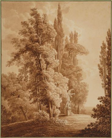 Meadow with trees and statue of Diana near Frascati.