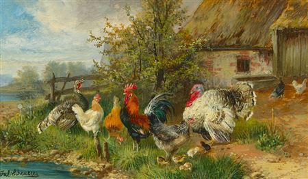 Fowl at a pond before a barn