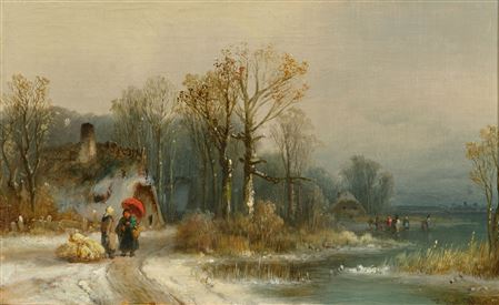 Winter landscape with two women walking