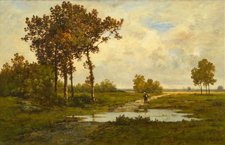 A broad landscape with pond and peasant woman