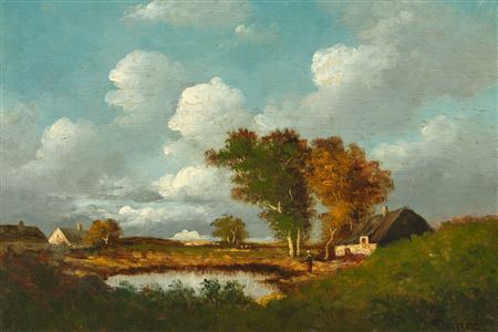 A broad landscape with pond and houses.