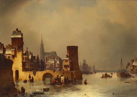 A frozen river at the edge of a town