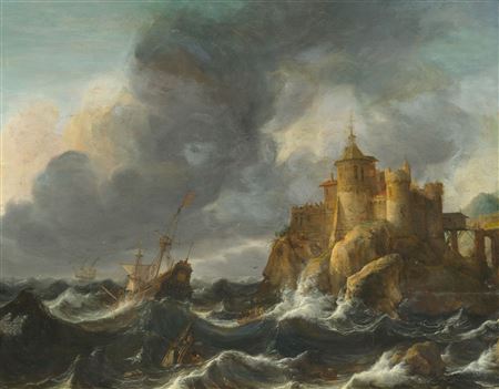 Lake landscape with rocks and a castle