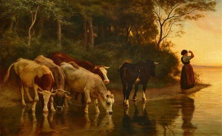 Watering trough by the lake at sunset