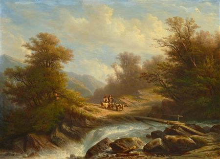 River, trees, bridge, goats
