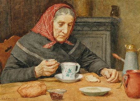 Old woman with a red headscarf drinking coffee