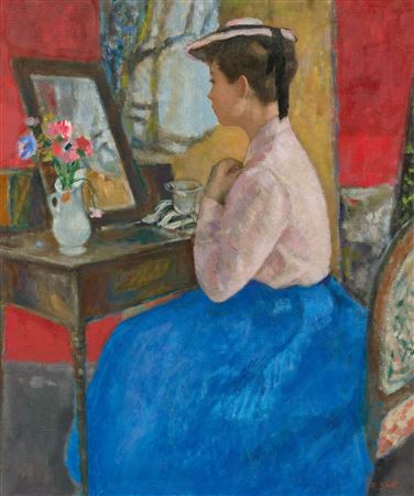 Eugénie devant la coiffeuse au bouquet d'anémones