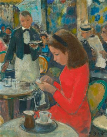 Marie-Lize en rouge et le garçon de café des Deux Magots. 1965