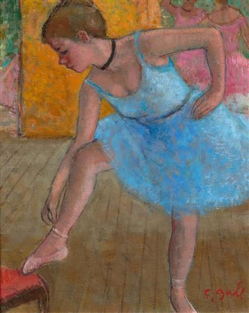 Danseuse bleue en répétition dans les coulisses