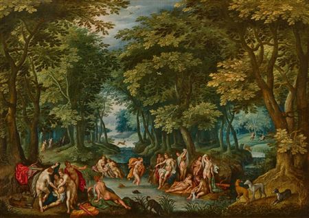 Diana and Callisto in a forest landscape by a lake with nymphs