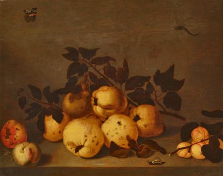 Still life with fruits, a butterfly and a dragonfly