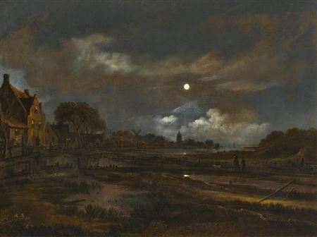 A moonlit river landscape with a windmill and a church in the background