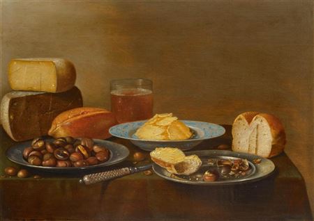 Still life with cheese, bread and roast chestnuts