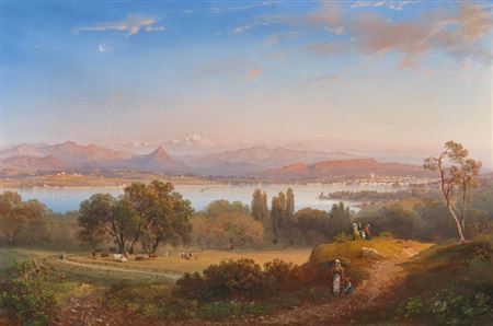 View of Lake Geneva, with Geneva and Mont Blanc