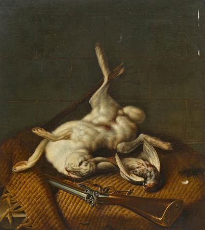 Hunting trophy with hare, bird and rifle