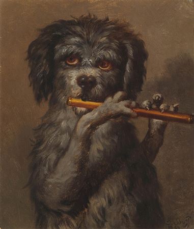 Dog playing the flute. 1864.