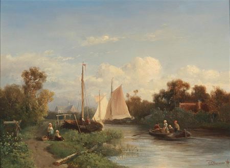 Landscape with canal and boats.