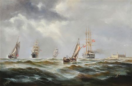 Ships in light swell, Kronborg Castle in the background.