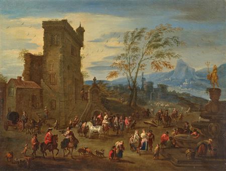 Elegant company in a city with the fountain of Neptune