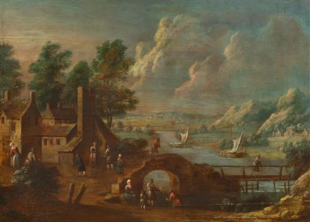 View of a lakeside town with sailing ships