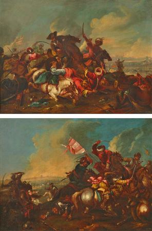 Pair of works: Battle scenes with men fighting on horseback