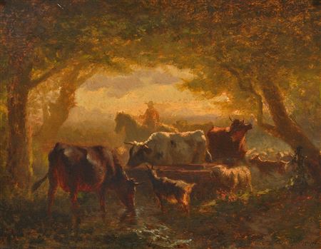 Herd of cattle at the drinking trough. Circa 1856.