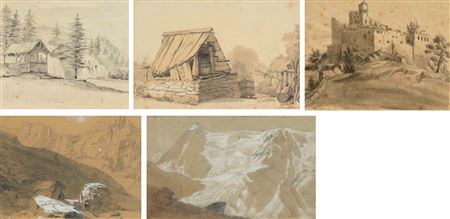 Lot of 5 drawings: A Devera; Sanetsch; Rappegletscher; Valeria; Brunnenhaus.
