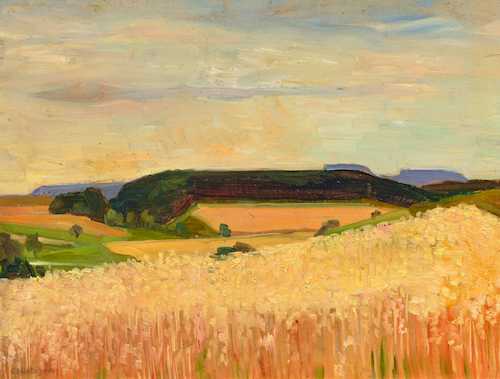 Landscape with cornfield. 1904. by Carl Montag - Auction record, sale price, and art valuation. Compare with similar artists and explore comparable artworks.