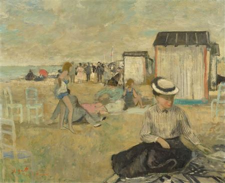 Eugénie in front of the beach huts at Le Touquet