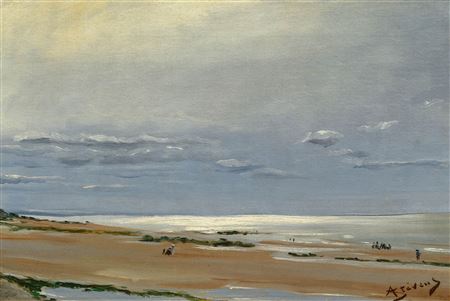 Beach at low tide, bustling with people