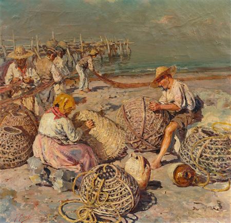 Basket and net mending on the beach