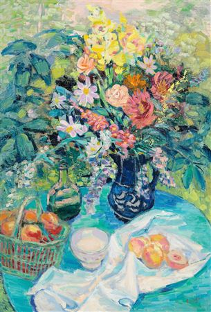 In the garden, still life with bowl of milk