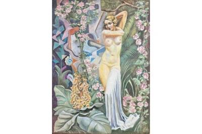 Nude woman standing in a floral setting