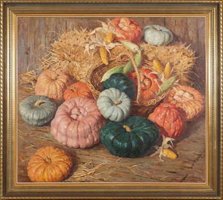 A still life of variously-coloured pumpkins