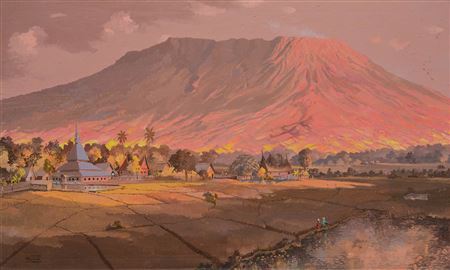 Mount Merapi, West Sumatra With the Mosque of Sjech Djambek in the Foreground by Agus Wakidi - Auction record, sale price, and art valuation. Compare with similar artists and explore comparable artworks.