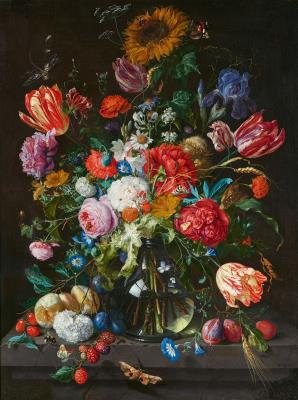 Still life with flowers and fruit on a stone console