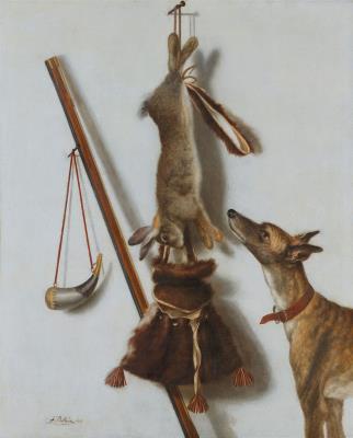 Trompe-l'œil with a hunted rabbit, hunting utensils and a hunting dog in front of a white wall