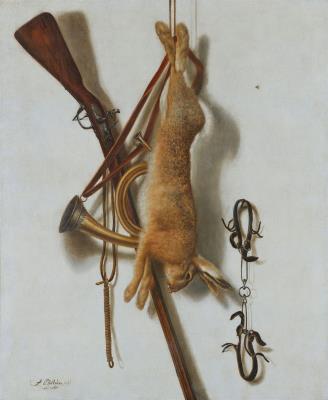 Trompe-l'Oeil with a hare and hunting utensils in front of a white wall