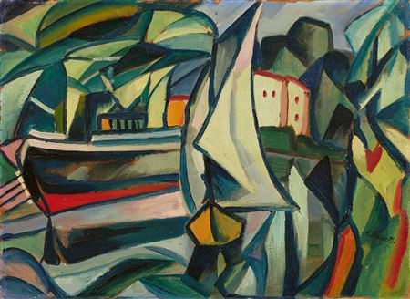 Sailboat and ship in a green river landscape