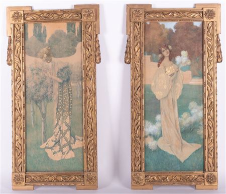 A Pair of Pre-Raphaelite Style Portraits of Women in Garden