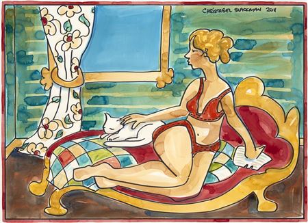 Girl and White Cat on the Red Chaise Lounge