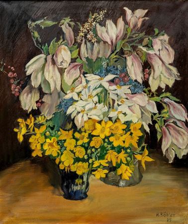 Two Vases with Spring Flowers - Magnolias, Forget-me-nots, Daffodils, Buttercups