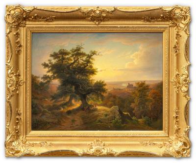 A vast Rhenish landscape with a town perched on a mountain ridge. In the foreground, a group of pilgrims resting beneath a mighty oak tree