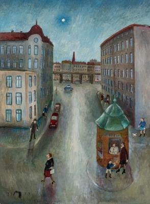 Am Heinrichplatz Kiosk, Passanten und Autos auf der Kreuzung Oranien-/Mariannenstraße.