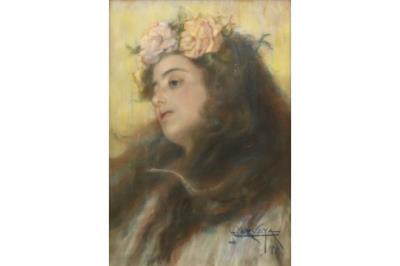 Flora, portrait of a young girl, her hair adorned with roses